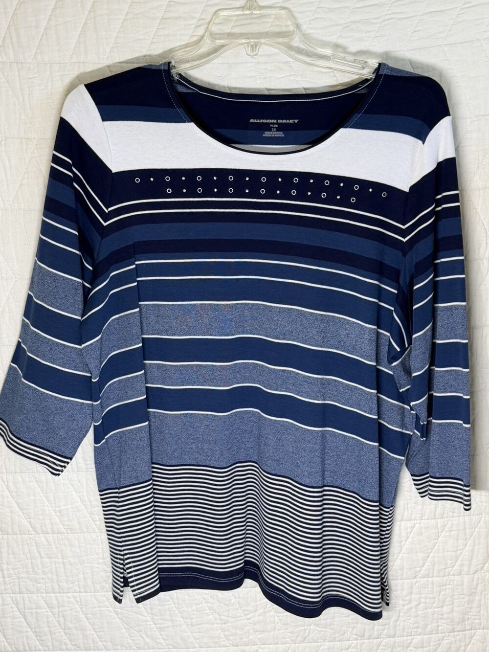 Allison Daley Top Blouse Women 2X blue white Striped 3/4 sleeves round neck